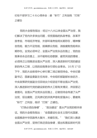 纪检干部学习二十大心得体会：磨“斩竹”之利剑练“打铁”之硬功