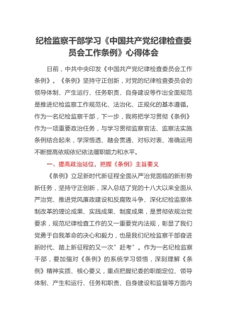 纪检监察干部学习《中国共产党纪律检查委员会工作条例》心得体会