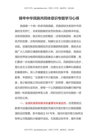铸牢中华民族共同体意识专题学习心得体会