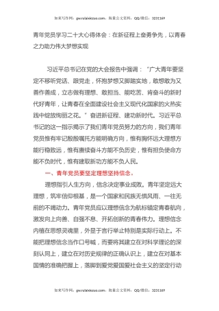 青年党员学习二十大心得体会：在新征程上奋勇争先，以青春之力助力伟大梦想实现