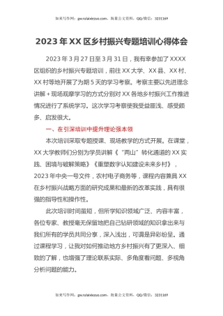 2023年XX区乡村振兴专题培训心得体会
