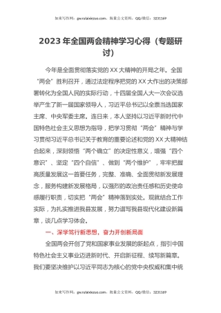 2023年全国两会精神学习心得体会（专题研讨）