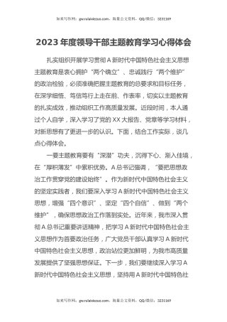 2023年度领导干部主题教育学习心得体会