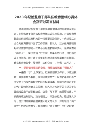 2023年纪检监察干部队伍教育整顿心得体会及研讨发言材料