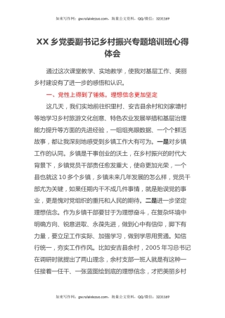 XX乡党委副书记乡村振兴专题培训班心得体会