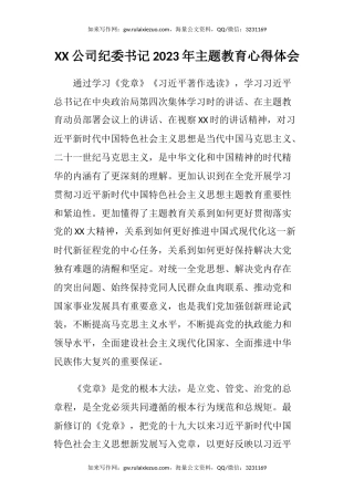 XX公司纪委书记2023年主题教育心得体会