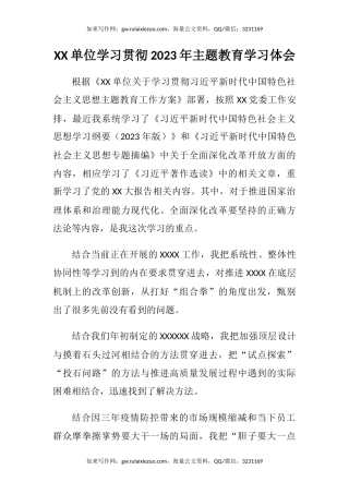 XX单位学习贯彻2023年主题教育学习心得体会