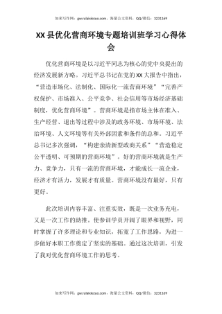XX县优化营商环境专题培训班学习心得体会