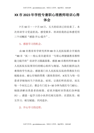 XX市2023年学校专兼职心理教师培训心得体会