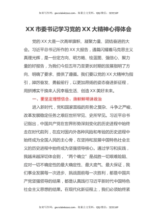 XX市委书记学习党的二十大精神心得体会（盛会）