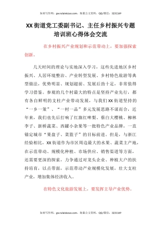 XX街道党工委副书记、主任乡村振兴专题培训班心得体会交流