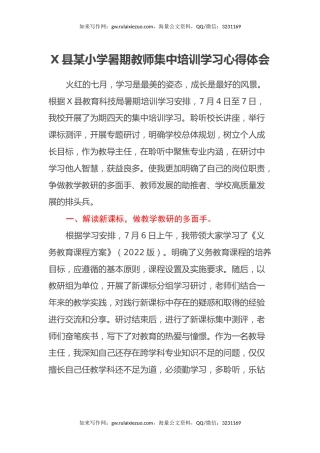 X县某小学暑期教师集中培训学习心得体会