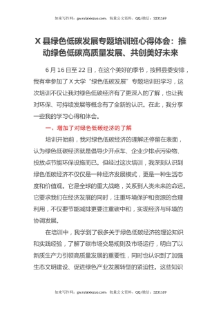 X县绿色低碳发展专题培训班心得体会：推动绿色低碳高质量发展、共创美好未来