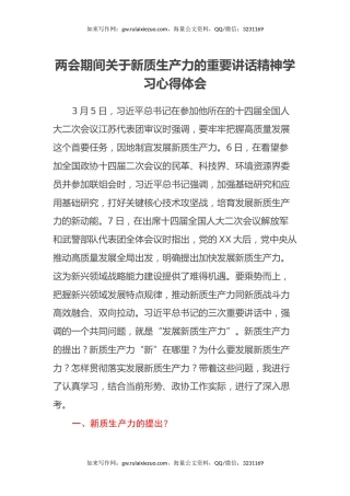 两会期间关于新质生产力的重要讲话精神学习心得体会