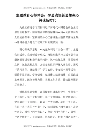 主题教育心得体会：学思践悟新思想凝心铸魂新时代