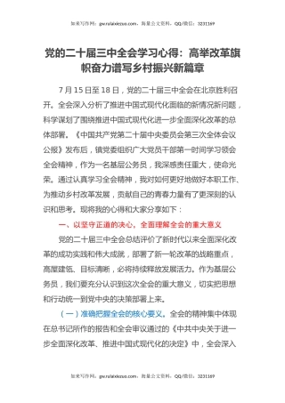 党的二十届三中全会学习心得：高举改革旗帜奋力谱写乡村振兴新篇章
