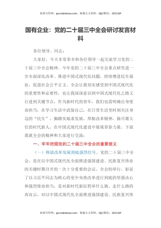 党的二十届三中全会研讨发言材料（国企改革领域）