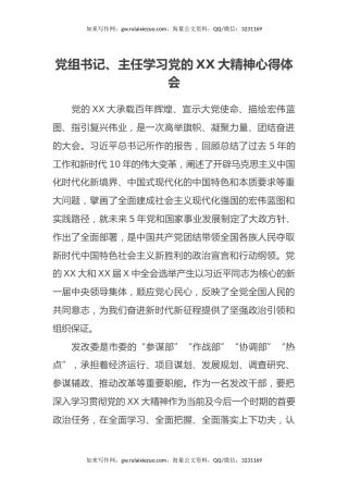 党组书记、主任学习党的二十大精神心得体会（盛会）