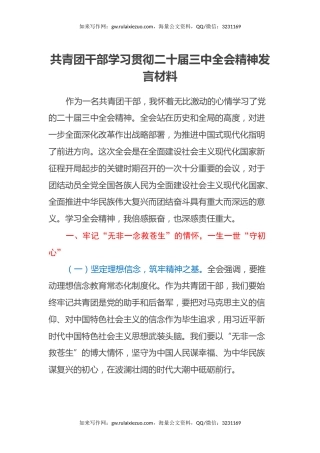 共青团干部学习贯彻二十届三中全会精神发言材料