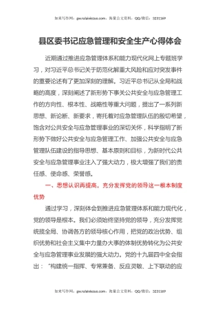 县区委书记应急管理和安全生产心得体会