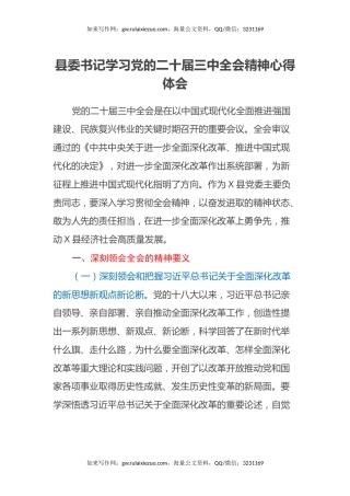 县委书记学习党的二十届三中全会精神心得体会