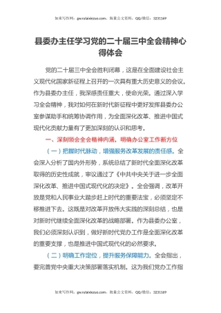 县委办主任学习党的二十届三中全会精神心得体会
