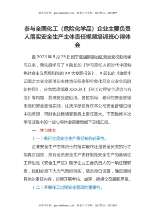 参与全国化工（危险化学品）企业主要负责人落实安全生产主体责任视频培训班心得体会