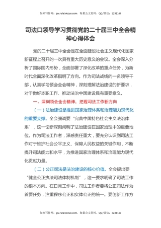 司法口领导学习贯彻党的二十届三中全会精神心得体会