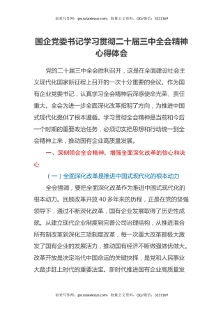 国企党委书记学习贯彻二十届三中全会精神心得体会