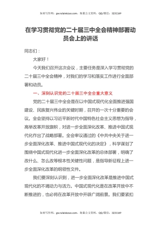 在XX局学习贯彻党的二十届三中全会精神部署动员会上的讲话