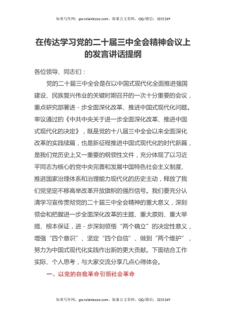 在传达学习党的二十届三中全会精神会议上的发言讲话提纲