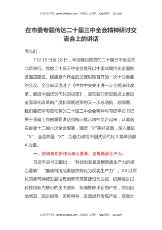 在市委专题传达二十届三中全会精神研讨交流会上的讲话（2）