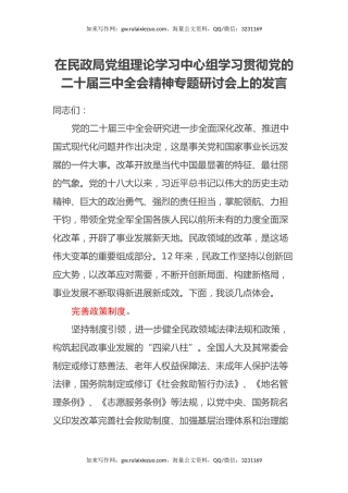 在民政局党组理论学习中心组学习贯彻党的二十届三中全会精神专题研讨会上的发言