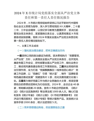 2024 年X市统计局党组落实全面从严治党主体责任和第一责任人责任情况报告