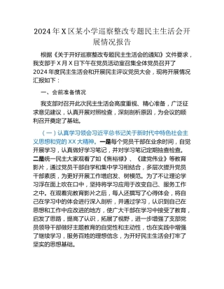 2024年X区某小学巡察整改专题民主生活会开展情况报告