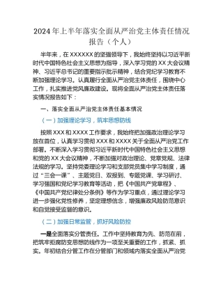 2024年上半年 落实全面从严治党主体责任情况报告(个人)