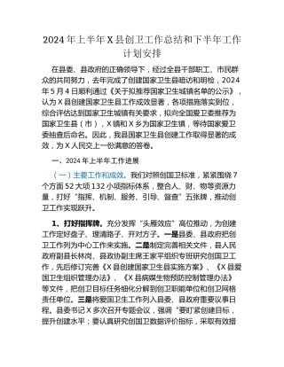 2024年上半年X县创卫工作总结和下半年工作计划安排