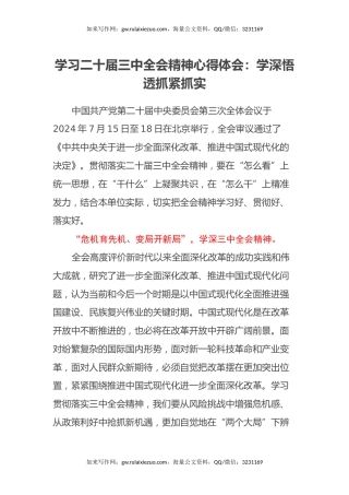 学习二十届三中全会精神心得体会：学深悟透 抓紧抓实