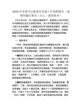 2024年党委书记抓基层党建工作述职报告（成绩问题打算各三分之一通用版本）