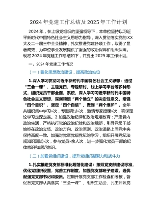 2024年党建工作总结及2025年工作计划