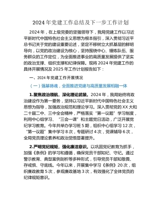 2024年党建工作总结及下一步工作计划