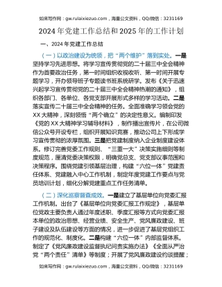 2024年党建工作总结和2025年的工作计划