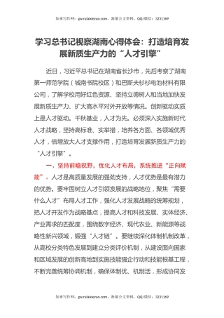学习总书记视察湖南心得体会：打造培育发展新质生产力的“人才引擎”