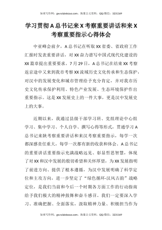学习贯彻A总书记来X考察重要讲话和来X考察重要指示心得体会