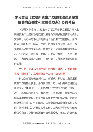 学习贯彻《发展新质生产力是推动高质量发展的内在要求和重要着力点》心得体会