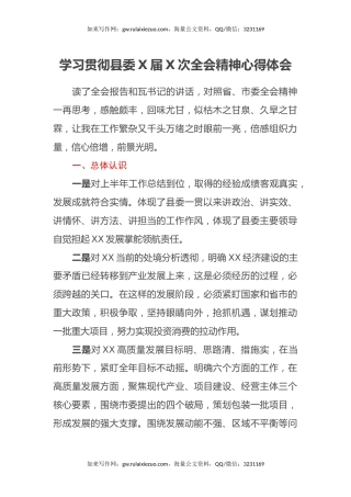 学习贯彻县委X届X次全会精神心得体会