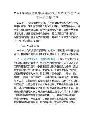 2024年医院党风廉政建设和反腐败工作总结及下一步工作打算