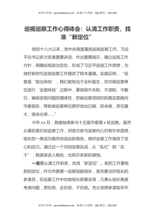 巡视巡察工作心得体会：认清工作职责，找准“新定位”