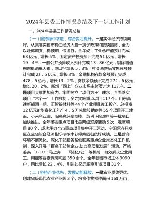 2024年县委工作情况总结及下一步工作计划