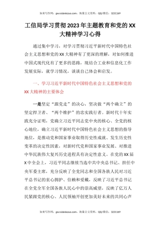 工信局学习贯彻2023年主题教育和党的二十大精神学习心得体会